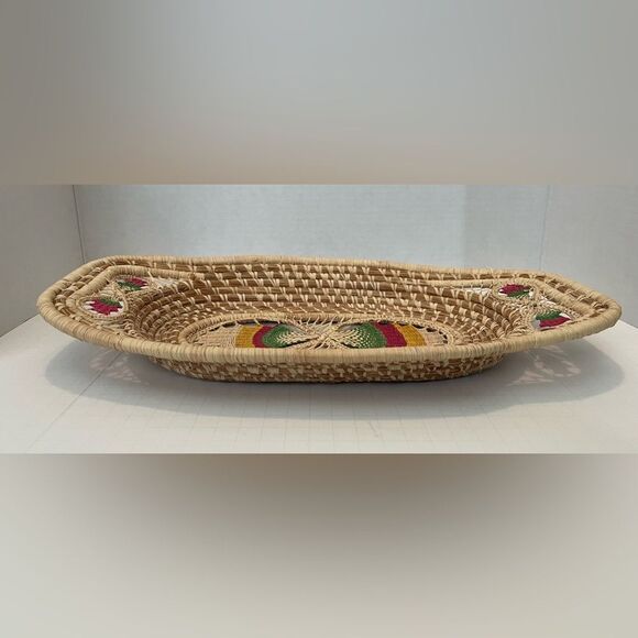Natural Coiled Woven Boho Chic bread Basket rectangular pink green yellow - Picture 2 of 3